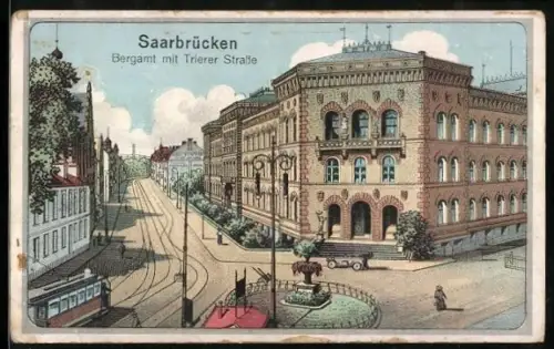 Lithographie Saarbrücken, Trierer Strasse mit Bergamt und Strassenbahn