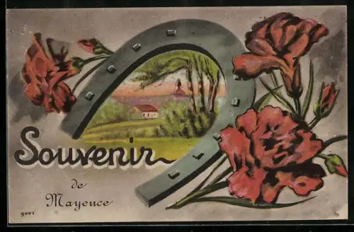 Künstler-AK Mainz, Haus u. Turmgebäude, Hufeisen, Nelken