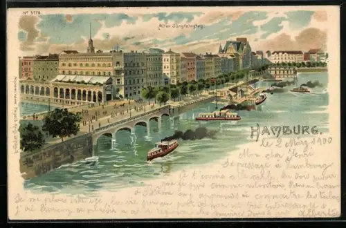 Lithographie Hamburg-Neustadt, der Alte Jungfernstieg, Dampfschiffe