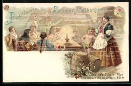 Künstler-AK Bremen, Szenerie im Bremer Rathskeller mit Bachus