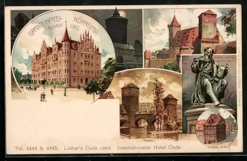 Lithographie Nürnberg, Henkersteg, Dürer-Haus, Grand Hotel, Hans-Sachs-Monument