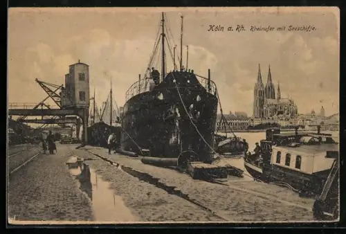 AK Köln, Rheinufer mit Seeschiffe