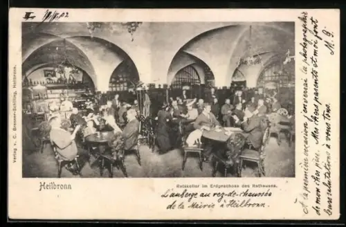 AK Heilbronn, Gasthaus Ratskeller im Erdgeschoss des Rathauses, Innenansicht