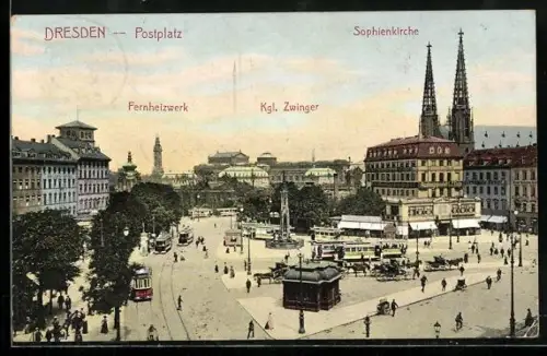 AK Dresden, Fernheizwerk, Königlicher Zwinger und Sophienkirche am Postplatz mit Strassenbahn