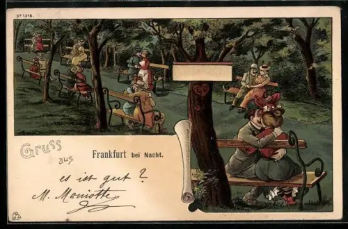 Lithographie Frankfurt, Liebespärchen im Park bei Nacht