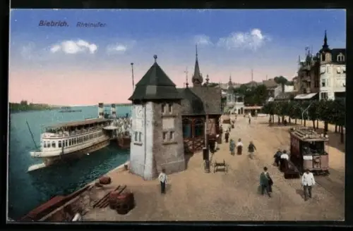 AK Biebrich / Rhein, Rheinufer mit Dampfer und Strassenbahn