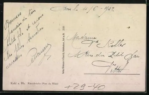 Goldfenster-AK Kehl a. Rh., Rheinbrücke