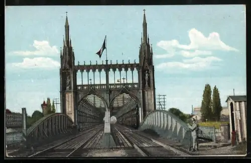 Goldfenster-AK Kehl, Eisenbahnbrücke mit Goldreflexen