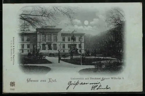 Mondschein-AK Kiel, Universität mit Denkmal Kaiser Wilhelm I.
