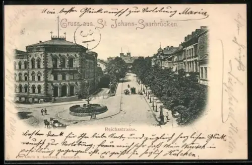 AK Saarbrücken-St. Johann, Reichsstrasse mit Brunnen