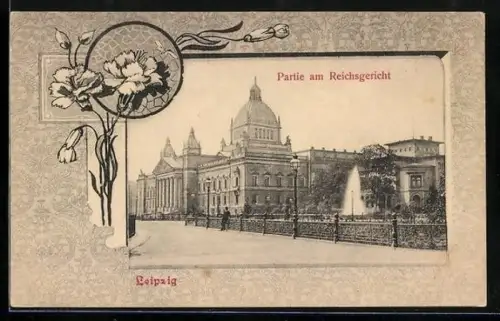 Lithographie Leipzig, Strassenpartie am Reichsgericht, Nelken, Passepartout