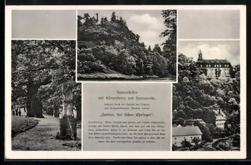 AK Lichtenwalde, Harrasfelsen mit Körnerkreuz und Harraseiche