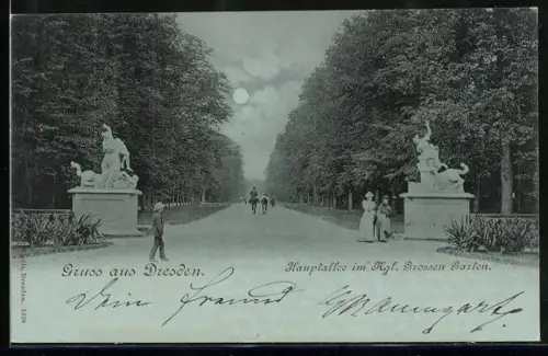 Mondschein-AK Dresden, Hauptallee im Königlichen Grossen Garten