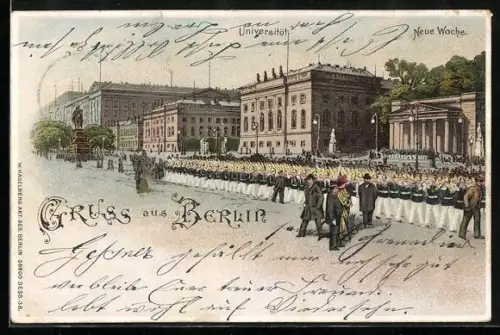 Lithographie Berlin, Universität und Neue Wache mit Soldaten in Uniformen