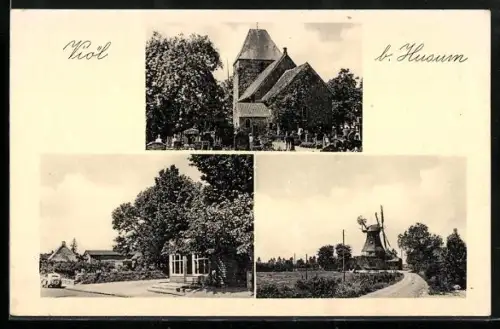 AK Viöl b. Husum, Kapelle mit Friedhof, Windmühle, Strassenpartie