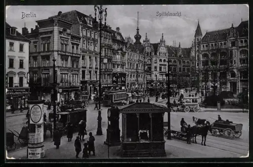 AK Berlin, Spittelmarkt mit Geschäften und Strassenbahn