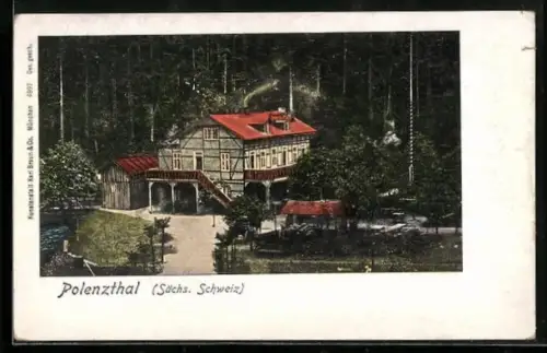 Goldfenster-AK Polenzthal /Sächs. Schweiz, Gasthof mit leuchtenden Fenstern