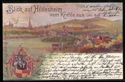 Künstler-AK Hildesheim, Gesamtansicht der Stadt mit Blick von Krehla