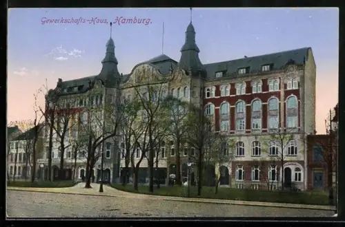 AK Hamburg-St.Georg, Gewerkschaftshaus mit Strassenpartie