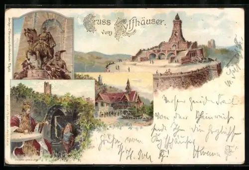 Lithographie Kyffhäuser, Kyffhäuserdenkmal, Reiterstandbild, Kaiser Barbarossa