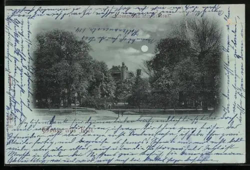 Mondschein-AK Kiel, Schlossgarten mit Schloss