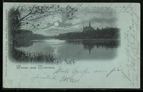 Mondschein-AK Berlin-Wannsee, Seeufer mit Schloss im Vollmondlicht