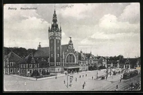 AK Danzig / Gdansk, Strassenbahn vor dem Bahnhof