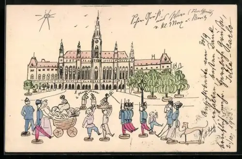 AK Wien, Max und Moritz und weitere Holzfiguren vor dem Rathaus, Holzspielzeug