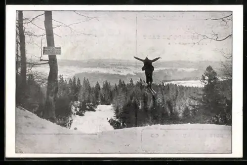 AK La Chaux-de-Fonds, Grand Concours de Saut du 8 Février 1914, Skispringer beim Absprung