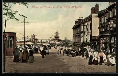 AK New Brighton, Victoria Road and Pier, Strassenbahn