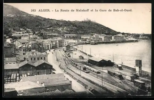 AK Alger, La gare de Bab-el-Oued et la route de Malakoff, Bahnhof, Eisenbahn