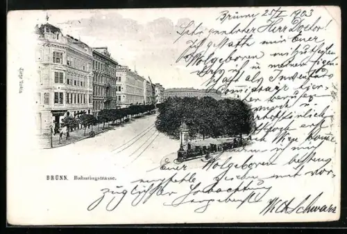 AK Brünn, Bahnringstrasse mit Litfasssäule