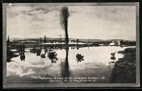 AK Lake View Gusher, CA, Reflection in Lake of Oil, Erdölsee