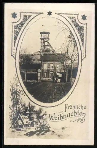 AK Preutin /Meurthe et Moselle, Bergwerk, Weihnachtsgruss, Passepartout