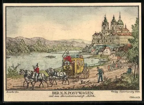 AK Melk, K. K. Postkutsche mit dem Benediktinerstift Melk