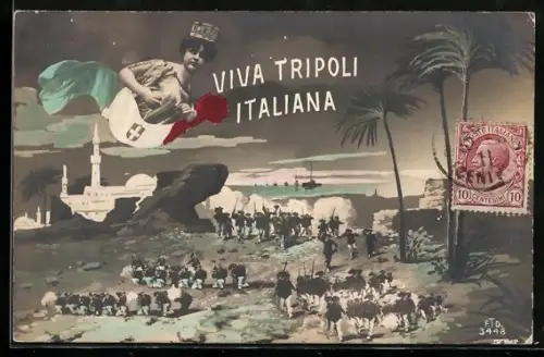 AK Viva Tripoli Italiana, Italienische Soldaten an der Küste, Kriegsschiffe im Hintergrund
