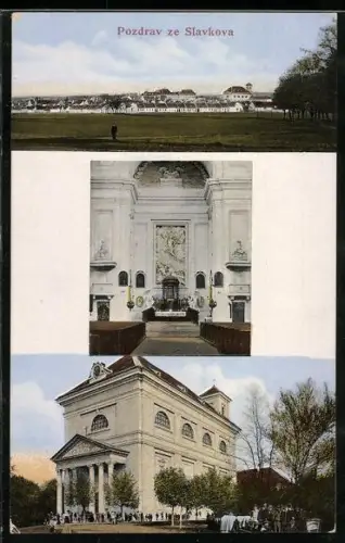 AK Slavkova, Ortsansicht und Kirche mit Innenansicht