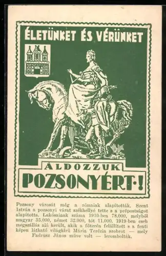 Künstler-AK Poszony, Életünket és vérünket, Reiterstatue und Wappen