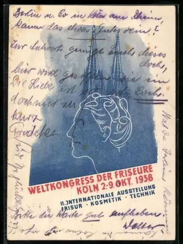 AK Köln, Weltkongress der Friseure 1938, Frauenprofil vor dem Kölner Dom