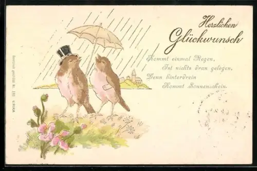 Präge-AK Zwei Küken unter einem Schirm im Regen