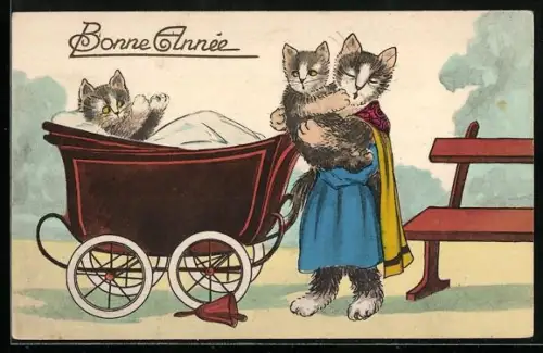 Künstler-AK Katzenmutter mit ihren zwei Kätzchen in einem Kinderwagen