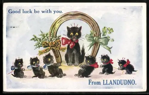 Künstler-AK Schwarze Karte sitzt unter einem Hufeisen, Kätzchen spielen mit einer Schnur