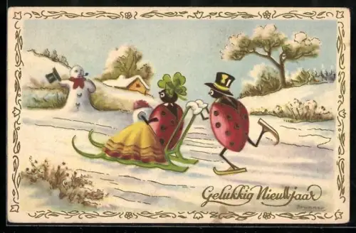 Künstler-AK Käfer auf Schlittschuen schiebt einen Käfer übers Eis