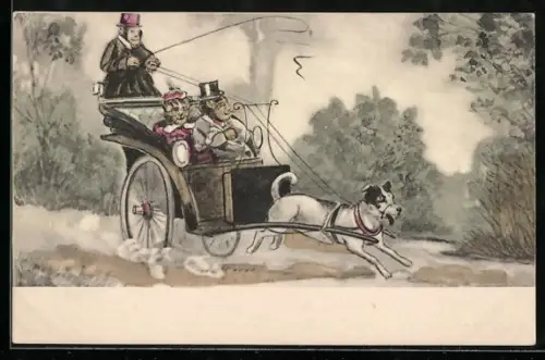 Künstler-AK Katzen sitzen in einer Kutsche mit Affe als Kutscher