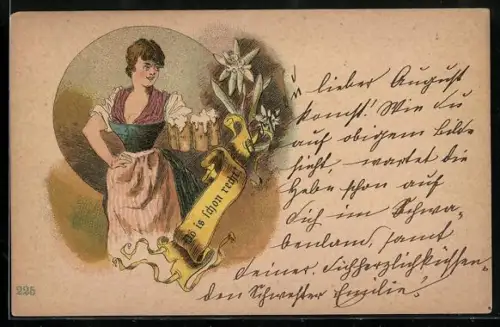 Lithographie Gastwirtin mit vier Bierkrügen in der Hand