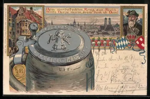 Lithographie Portrait Prinzregent Luitpold von Bayern, Bierkrug mit Münchner Kindl, Brauerei