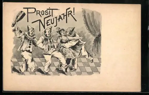 Künstler-AK Drei Pierrots tanzen mit einer Frau