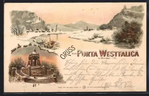 Winter-Lithographie Porta Westfalica b. Minden, Panorama mit Denkmal im Winter