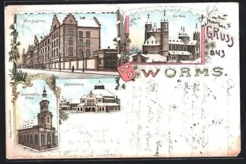 Winter-Lithographie Worms, Festspielhaus, Neue Kaserne, Dom