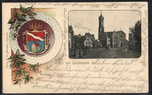 Passepartout-Lithographie Lechhausen, Blick zur Kirche, Wappen